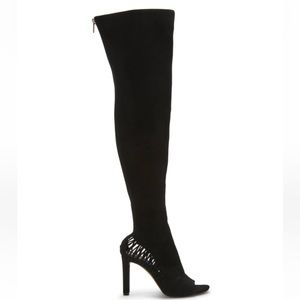 NIB VINCE CAMUTO Shassa Black Suede Open Toe Over-The-Knee Stiletto Heel Boots